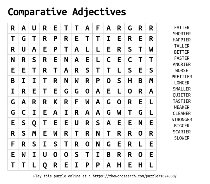 Los adjetivos word search answer key